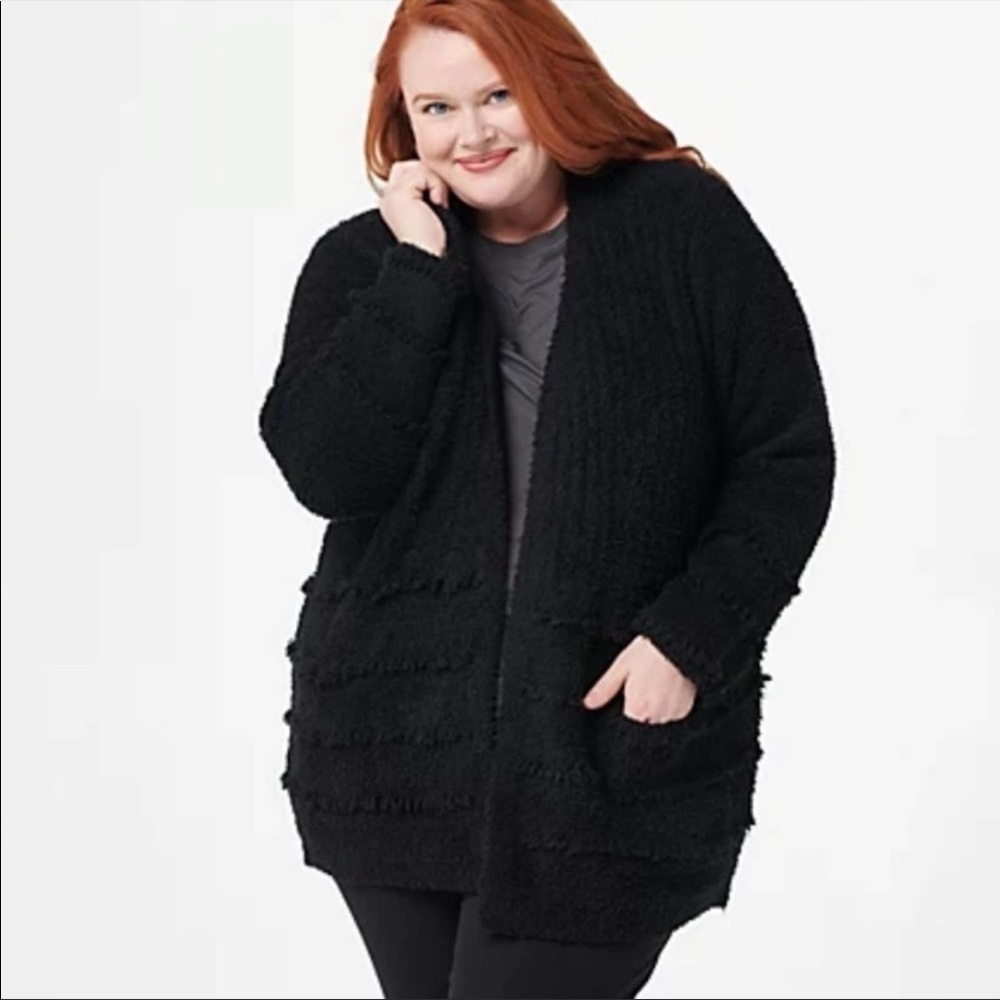 Barefoot Dreams | Black Fuzzy CozyChic Boardwalk Open Cardigan Fringe Sweater L